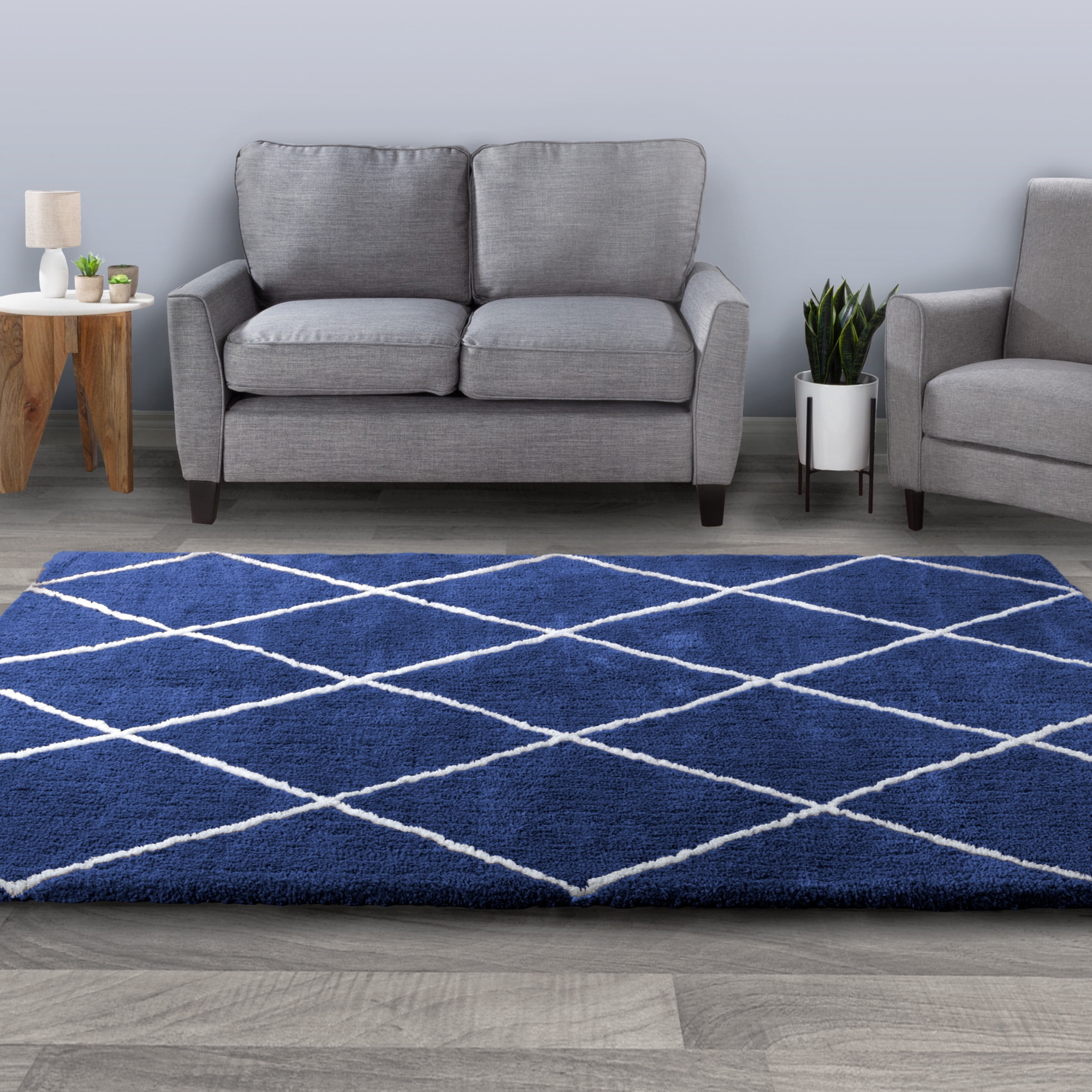 Diamond Shag Area Rug- Plush Navy & Ivory Pattern Carpet for Home, Living Room & Office by Somerset Home (8’x10’)