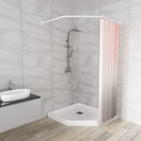 Diamond Shaped Adjustable Shower Curtain Rod in White, 304 Stainless Steel, Both Sides 17"25.6", Middle Width 20"26"