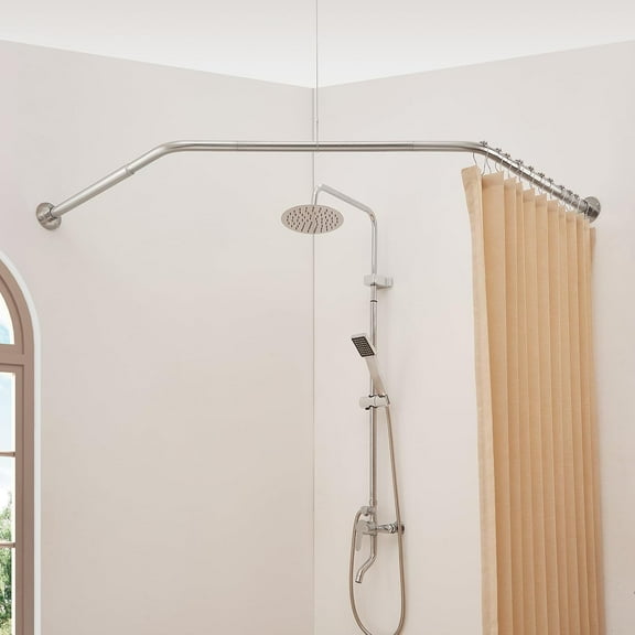 Diamond-Shaped Corner Shower Curtain Rod, Heavy Duty Angled Pole with 12 Hooks & Ceiling Support, Brushed Nickel