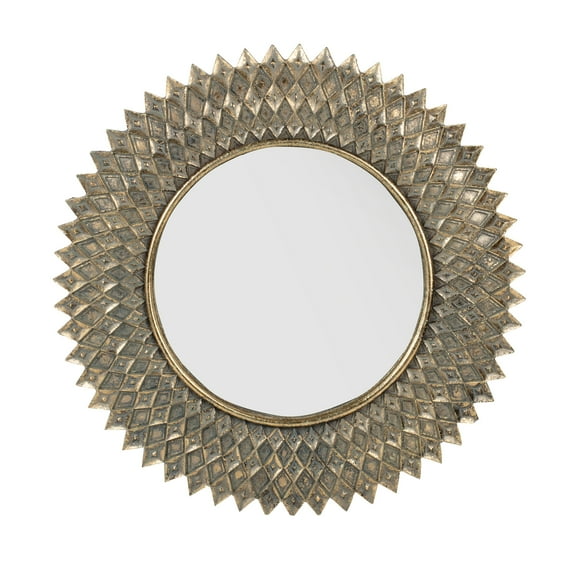 Diamond Shaped Framed Round Wall Mirror - 13"Dia. - Antique Gold