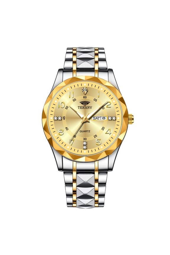 Diamond-Shaped Men's Watch Quartz Watch Business Digital Watch Dual Calendar Chinese and English Luminous Waterproof Steel Band Non-Mechanical Watch Fashion Wristwatch Men's Watch
