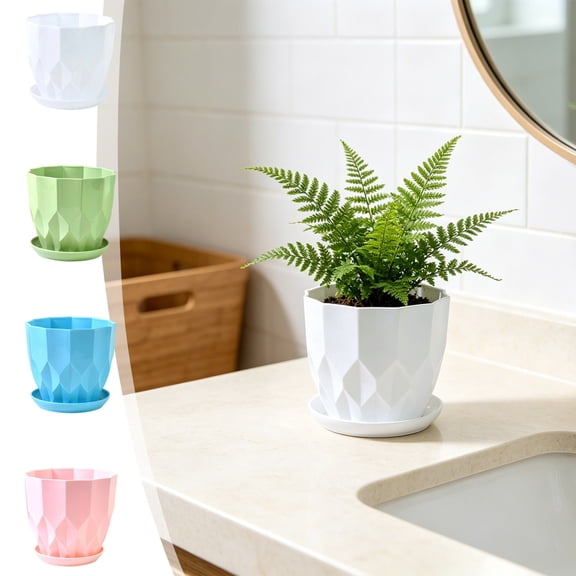 Diamond Shaped Plastic Planter with Tray, Minimalist Nordic Flower Pot, 5.5 Inch Colorful Geometric Plant Pot