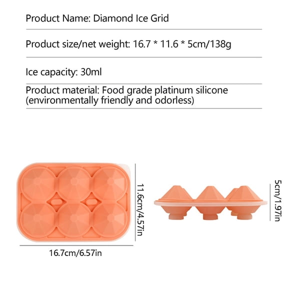 Diamond-Shaped Silicone Ice Tray - 6-Cavity Easy-Release Ice Cube Maker for Cocktails and Chilled Drinks - Peach