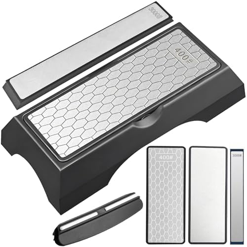 Diamond Sharpening Stone Set & Knife Sharpener Whetstone Kit, Double-Sided 400/1000 Grit Plate with Non-Slip Base & Angle Guide, Portable 3000 Grit Honing Tool for Kitchen Ceramic Knives