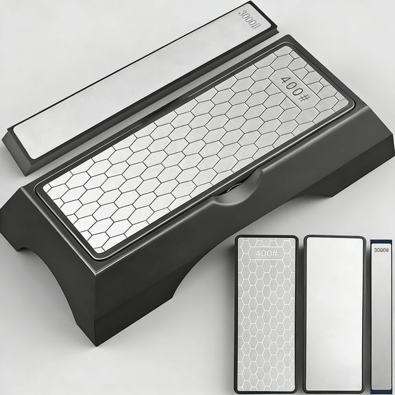 Diamond Sharpening Stone Set & Knife Sharpener Whetstone Kit, Double-Sided 400/1000 Grit Plate with Non-Slip Base & Angle Guide, Portable 3000 Grit Honing Tool for Kitchen Ceramic Knives