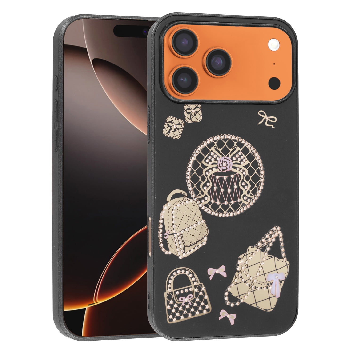 Diamond Shiny Cases with Bag Design for iPhone 17 Pro Max - Black