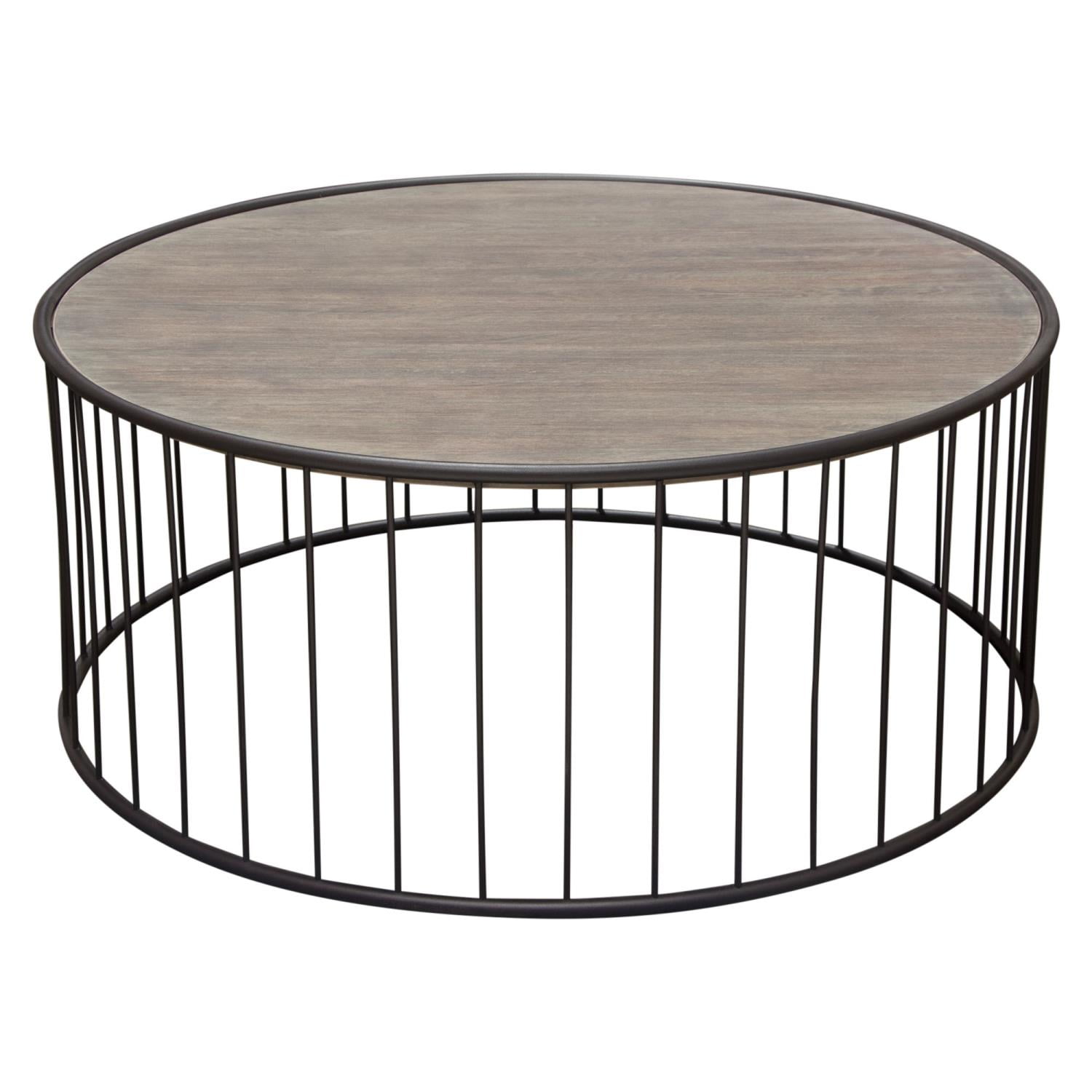 38" Grey Oak and Iron Round Rustic Coffee Table