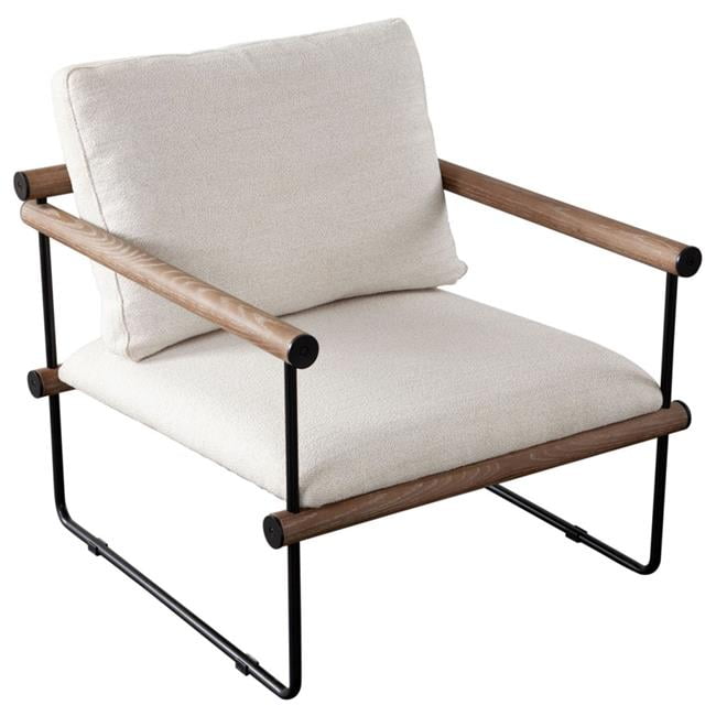 Cream Fabric Accent Chair with Metal Frame and Wood Arms