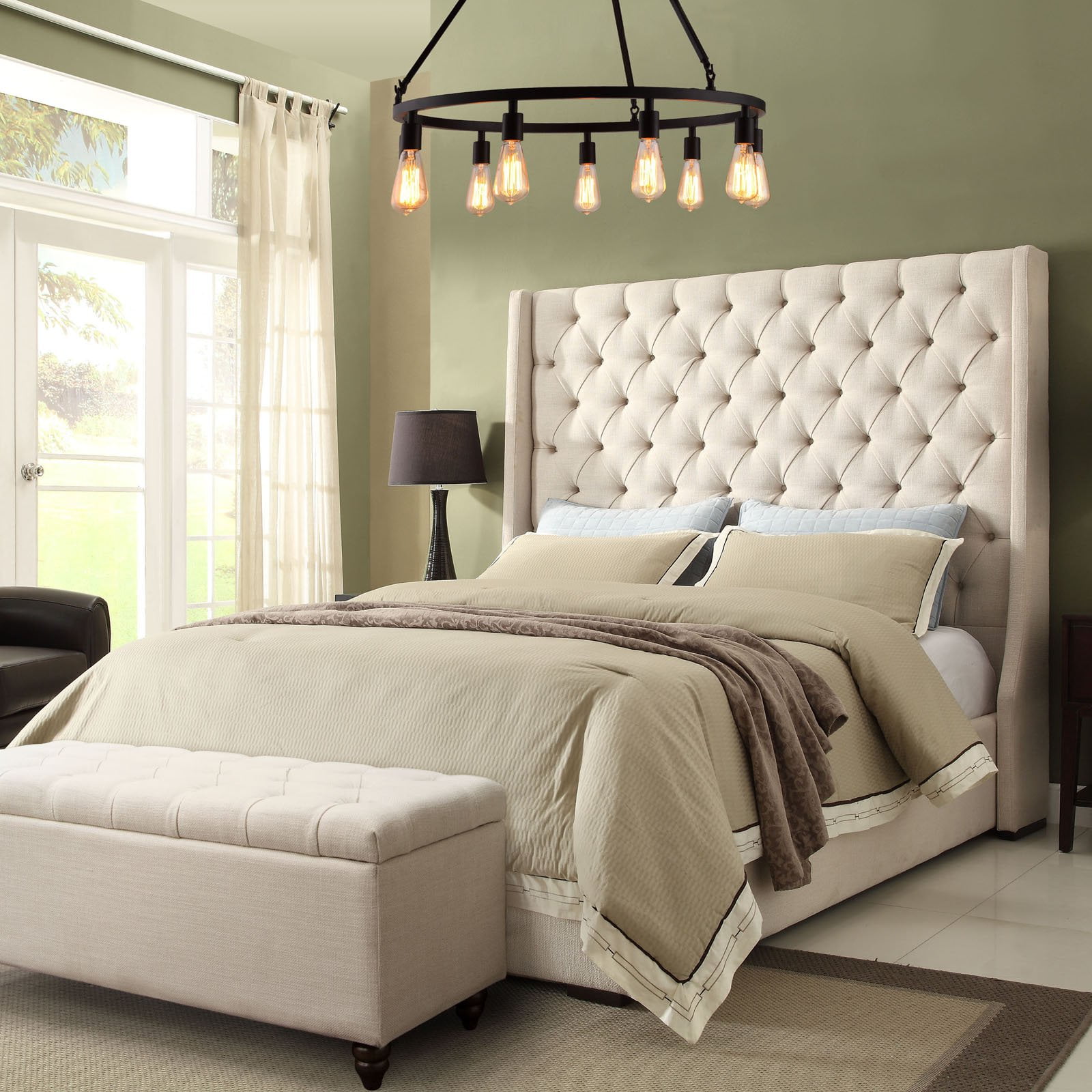 Desert Sand Linen Queen Bed with Tufted Upholstered Headboard