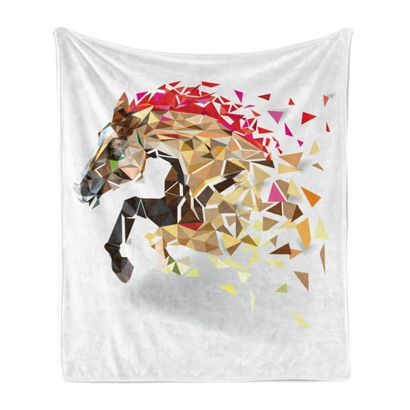 Diamond Soft Flannel Fleece Blanket, Disappearing Wild Horse in Digital Polygonal Geometric Modern Design Cubism Art, Cozy Plush for Indoor and Outdoor Use, 50" x 60", Tan Red Brown, by Ambesonne