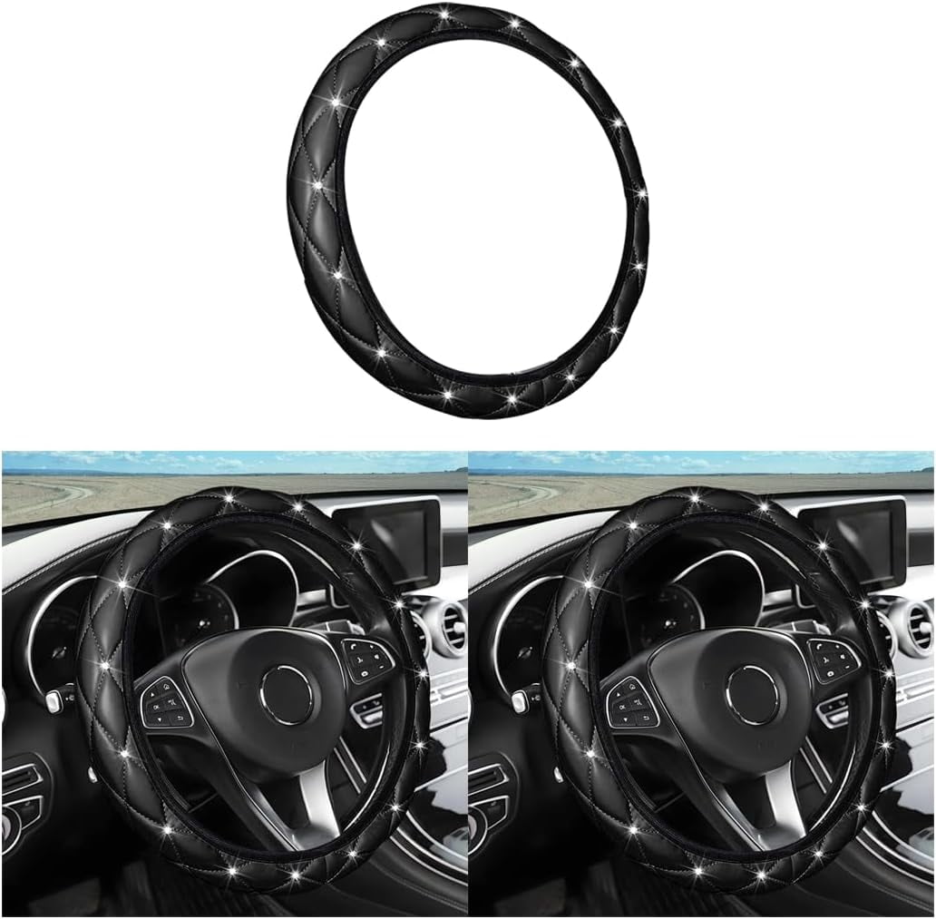 Diamond Soft Leather Steering Wheel Cover, 15 Inch Bling Elastic Steering Wheel Protector with Sparkly Crystal Rhinestones, Auto Accessories Universal for SUV, Truck, Van, Car (Black)