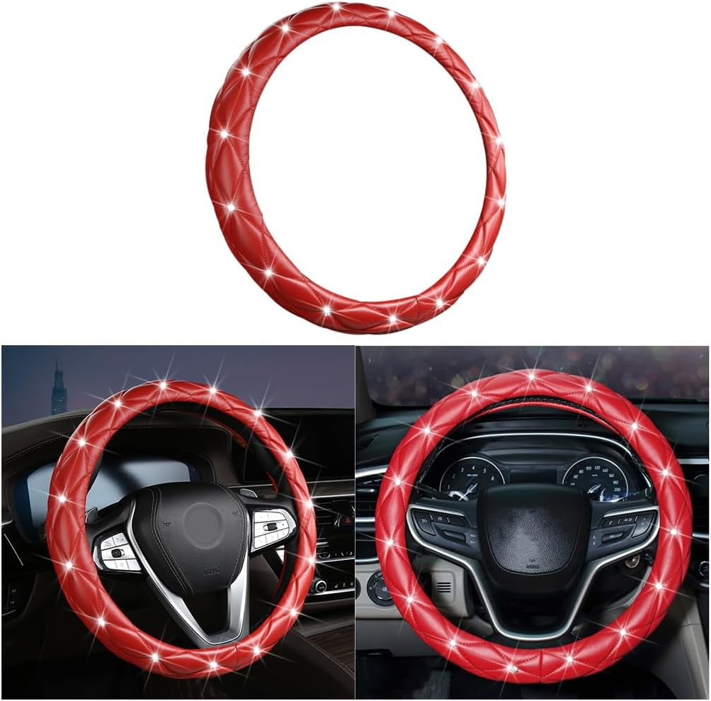 Diamond Soft Leather Steering Wheel Cover, 15 Inch Bling Elastic Steering Wheel Protector with Sparkly Crystal Rhinestones, Auto Accessories Universal for SUV, Truck, Van, Car (Red-1)