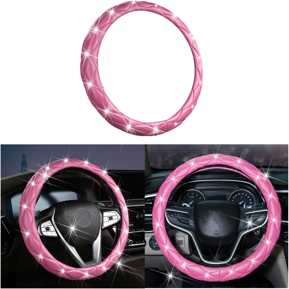 Diamond Soft Leather Steering Wheel Cover, 15 Inch Bling Elastic Steering Wheel Protector with Sparkly Crystal Rhinestones, Auto Accessories Universal for SUV, Truck, Van, Car (Pink)
