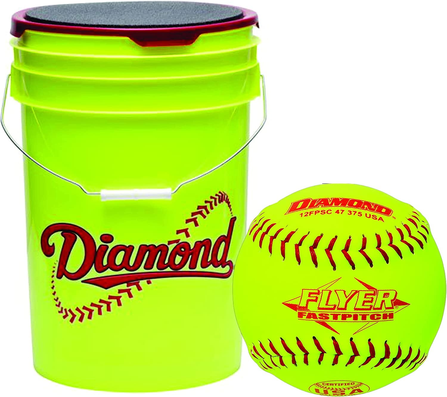 Diamond Sports Diamond Flyer Fastpitch 12 inch 12FPSC 47 375 USA Stamped 375 Compression .47 COR Softballs with Yellow Bucket - 18 Ball Pack