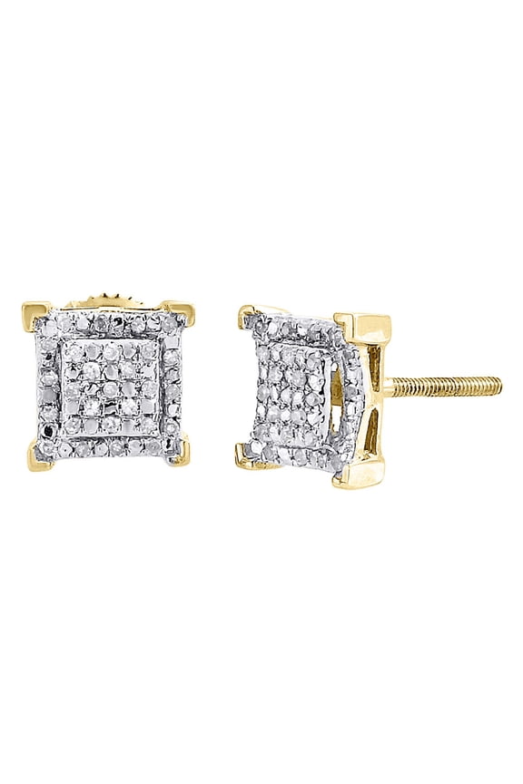 Diamond Square Earrings 10K Yellow Gold Round Cut Pave Design Studs 0.15 Tcw.