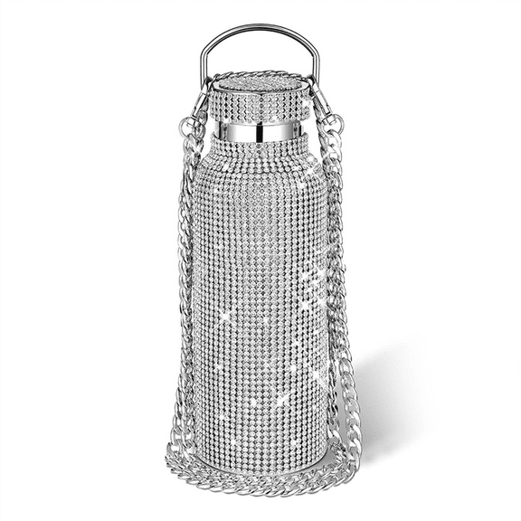 Diamond Stainless Steel Water Bottle Portable Glitter Rhinestone Crossbody Bling Thermal Flask 600ml B
