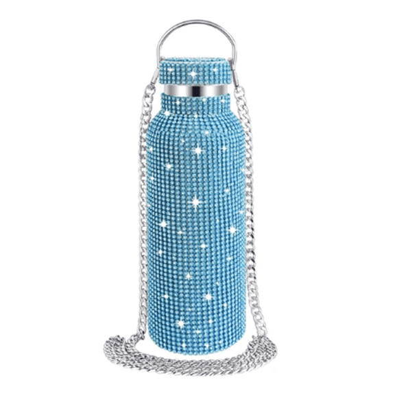 Diamond Stainless Steel Water Bottle Portable Glitter Rhinestone Crossbody Bling Thermal Flask 600ml E