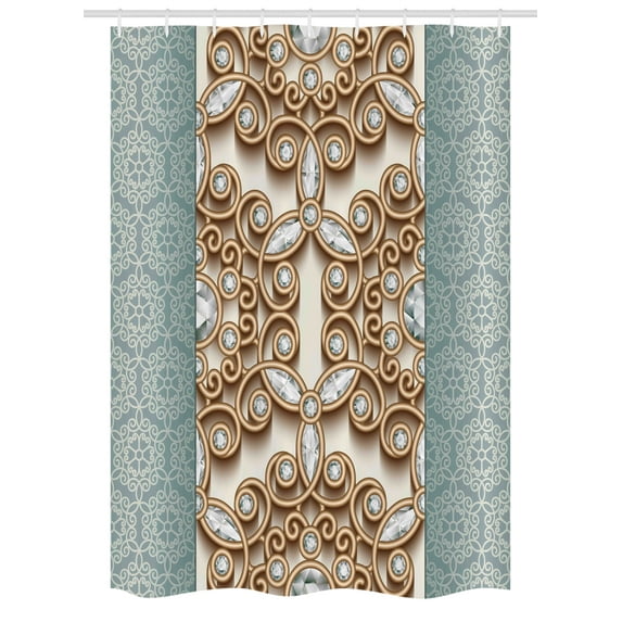 Diamond Stall Shower Curtain, Vintage Gold Swirling Lines Ornament with Diamonds over Damask Retro Style Boho Print, Fabric Bathroom Set with Hooks, 54W X 78L Inches, Tan Teal, by Ambesonne