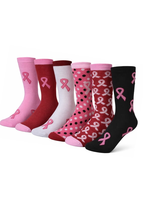 Women’s Breast Cancer Awareness Socks – Pink Ribbon Crew Socks for Fundraising, Walks & Comfort. (Assorted-6 Pairs Women's Shoe Size 9-11)