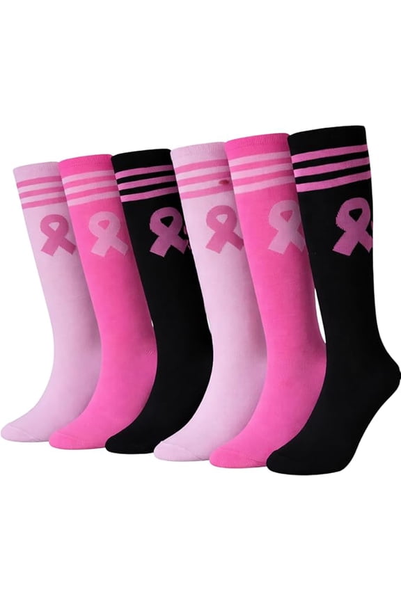 Women’s Breast Cancer Awareness Socks – Pink Ribbon Knee-High Socks for Fundraising, Walks & Comfort. (Assorted-6 Pairs Women's Shoe Size 9-11)