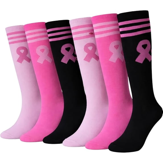 Diamond Star Women’s Breast Cancer Awareness Socks – Pink Ribbon Knee-High Socks for Fundraising, Walks & Comfort. (Assorted-6 Pairs Women's Shoe Size 9-11)