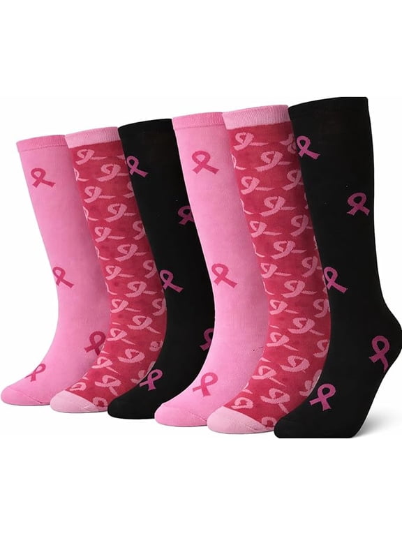 Women’s Breast Cancer Awareness Socks – Pink Ribbon Knee-High Socks for Fundraising, Walks & Comfort. (Assorted-6 Pairs Women's Shoe Size 9-11)