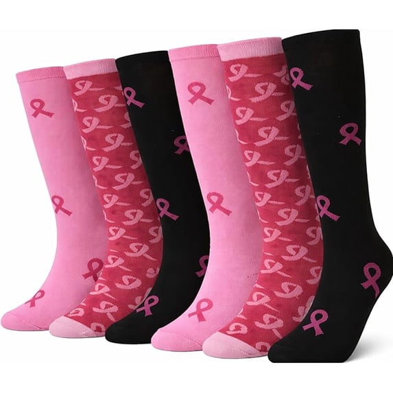Diamond Star Women’s Breast Cancer Awareness Socks – Pink Ribbon Knee-High Socks for Fundraising, Walks & Comfort. (Assorted-6 Pairs Women's Shoe Size 9-11)
