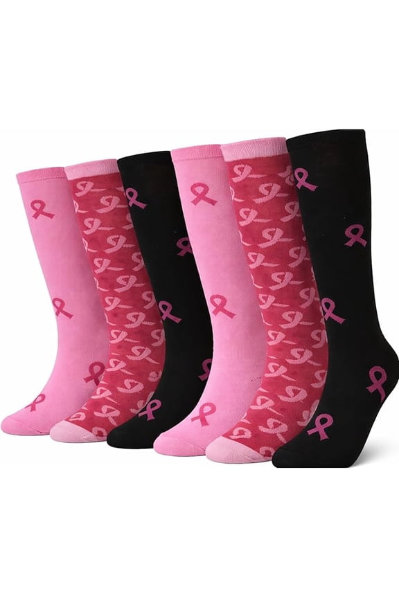 Women’s Breast Cancer Awareness Socks – Pink Ribbon Knee-High Socks for Fundraising, Walks & Comfort. (Assorted-6 Pairs Women's Shoe Size 9-11)
