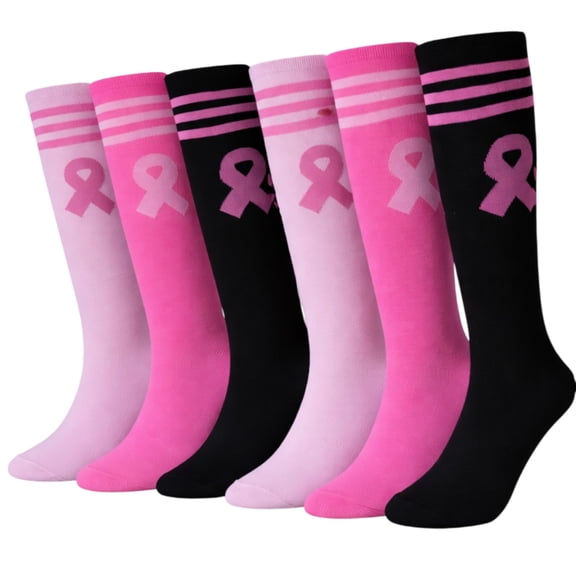 Diamond Star Women’s Breast Cancer Awareness Socks – Pink Ribbon Knee-High Socks for Fundraising, Walks & Comfort. (Assorted-6 Pairs Women's Shoe Size 9-11)