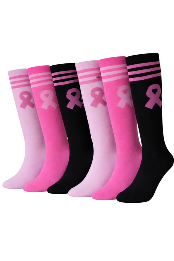 Women’s Breast Cancer Awareness Socks – Pink Ribbon Knee-High Socks for Fundraising, Walks & Comfort. (Assorted-6 Pairs Women's Shoe Size 9-11)