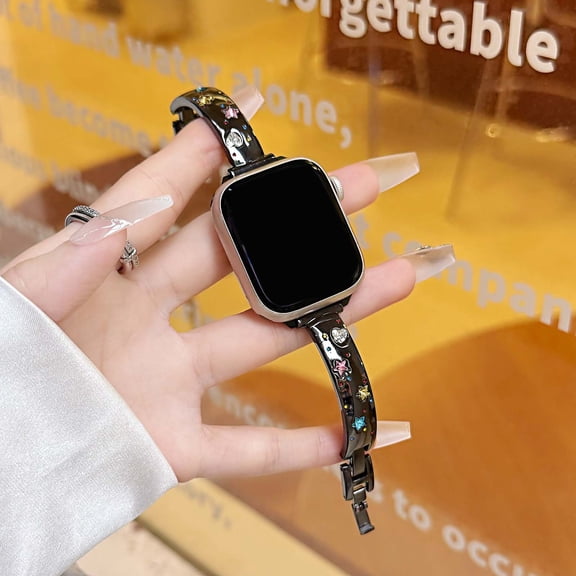 Diamond Star Design Girls Bracelet Bands for Apple Watch Band 38/40/41/42mm(Series10), Fashion Sparkly Sweat-proof Metal Strap for iWatch Series 10 9 8 7 6 5 4 3 2 1 SE Ultra, Black