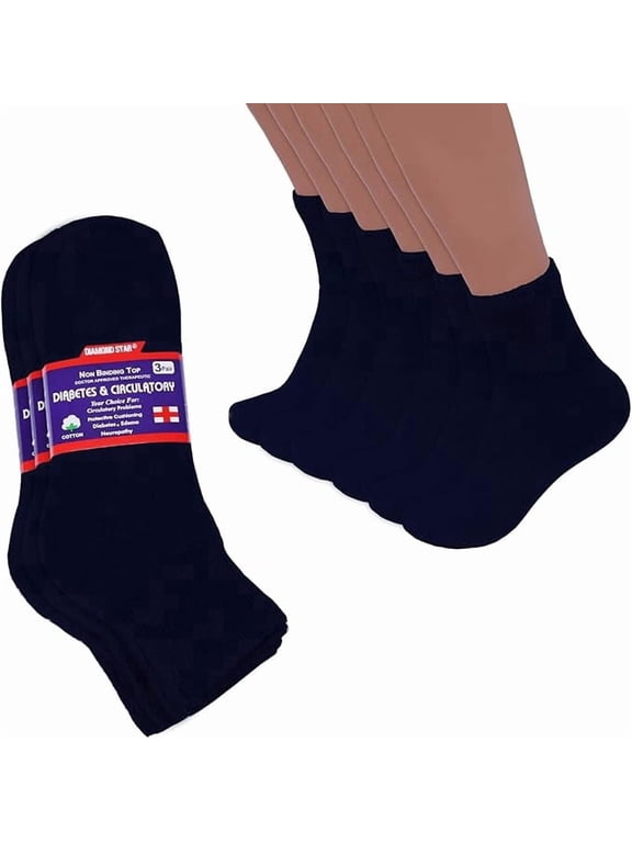 Diabetic Ankle Socks - Non Binding Quarter Socks for Men & Women, Cushion Circulatory Socks (Navy - 3 Pairs, Socks Size 9-11, Fit Women's Shoe Size 5-10)