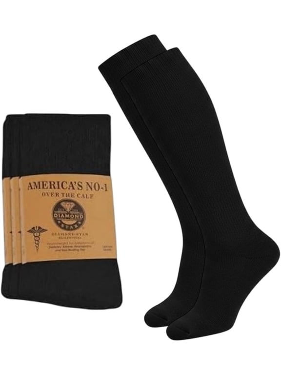 Diabetic Over the Calf, Non-binding Premium Cushion Cotton Knee High Comfortable Socks for Men (Black - 2 Pairs, Socks Size 13-16)