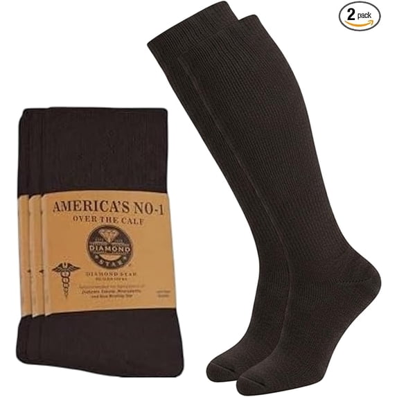 Diamond Star Over the Calf, Non-binding Premium Cushion Cotton Knee High Comfortable Socks for Men (Brown - 2 Pairs, Sock Size 9-11)