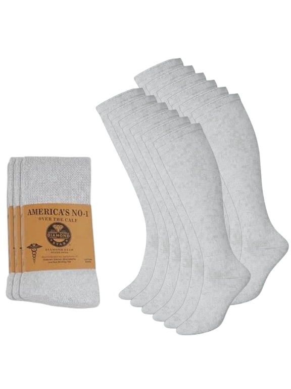 Diabetic Over the Calf, Non-binding Premium Cushion Cotton Knee High Comfortable Socks for Men (Gray - 12 Pairs, Socks Size 10-13)