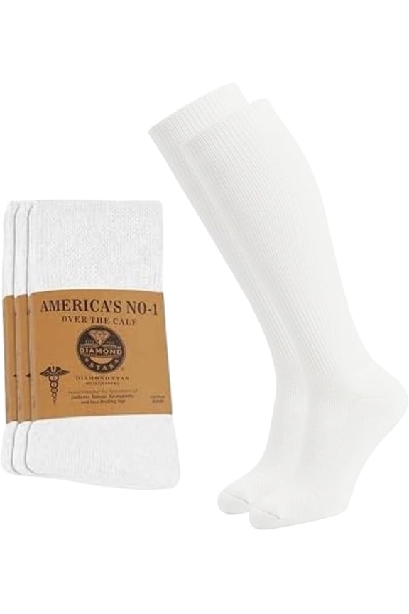 Diabetic Over the Calf, Non-binding Premium Cushion Cotton Knee High Comfortable Socks for Men (White - 2 Pairs, Sock Size 9-11)