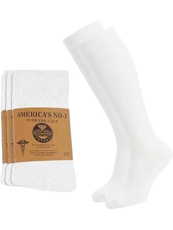 Diabetic Over the Calf, Non-binding Premium Cushion Cotton Knee High Comfortable Socks for Men (White - 2 Pairs, Sock Size 9-11)