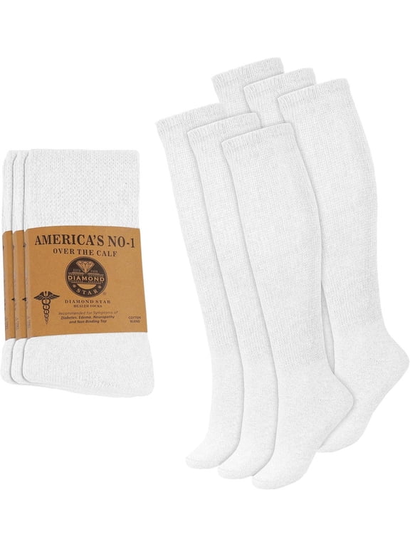 Diabetic Over the Calf, Non-binding Premium Cushion Cotton Knee High Comfortable Socks for Men (White - 6 Pairs, Socks Size 10-13)