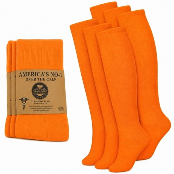 Diamond Star Diabetic Over the Calf, Non-binding Premium Cushion Cotton Knee High Comfortable Socks for Women (Orange - 6 Pairs, Shoe Size 9-11)