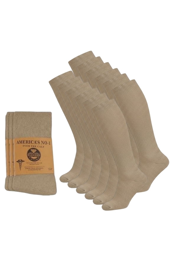 Diabetic Over the Calf Premium Cushion Cotton Knee High Comfortable Socks for Men (Beige - 12 Pairs, Shoe Size 13-16)