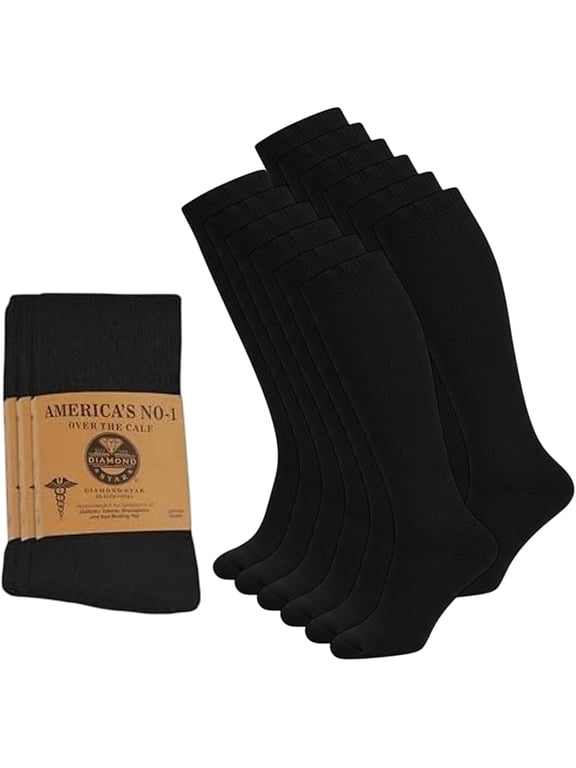 Diabetic Over the Calf, Non-binding Premium Cushion Cotton Knee High Comfortable Socks for Men (Black - 12 Pairs, Sock Size 9-11)