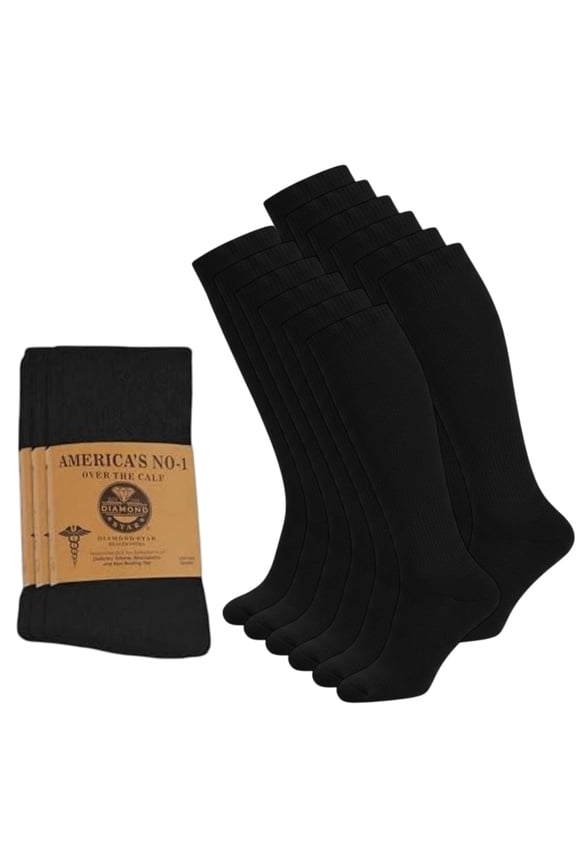 Diabetic Over the Calf Premium Cushion Cotton Knee High Comfortable Socks for Men (Black - 6 Pairs, Shoe Size 13-16)