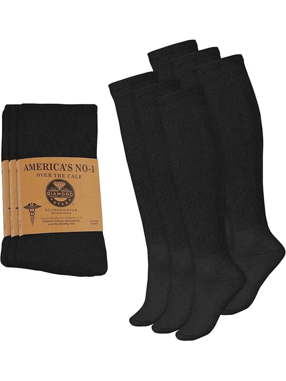 Diabetic Over the Calf, Non-binding Premium Cushion Cotton Knee High Comfortable Socks for Women (Black- 6 Pairs, Shoe Size 9-11)