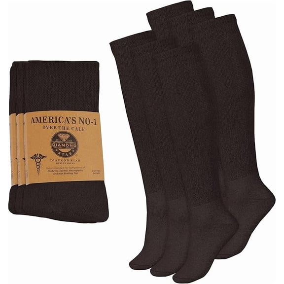 Diamond Star Diabetic Over the Calf, Non-binding Premium Cushion Cotton Knee High Comfortable Socks for Men (Brown - 12 Pairs, Sock Size 9-11)