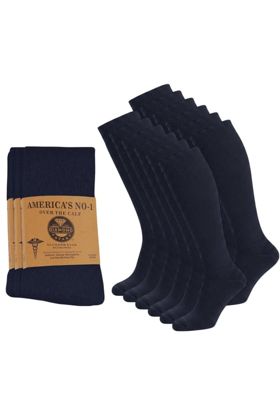 Diabetic Over the Calf Premium Cushion Cotton Knee High Comfortable Socks for Men (Navy - 12 Pairs, Shoe Size 9-11)