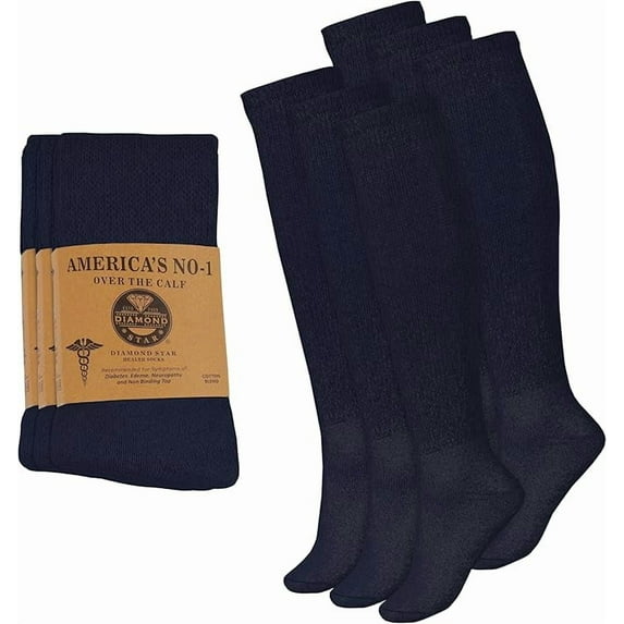 Diamond Star Diabetic Over the Calf Premium Cushion Cotton Knee High Comfortable Socks for Men (Navy - 6 Pairs, Shoe Size 10-13)