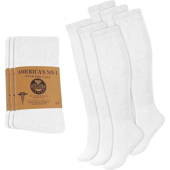 Diamond Star Diabetic Over the Calf, Non-binding Premium Cushion Cotton Knee High Comfortable Socks for Women (White - 6 Pairs, Shoe Size 9-11)