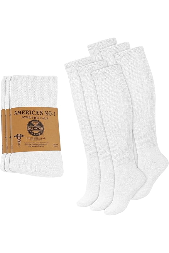 Diabetic Over the Calf, Non-binding Premium Cushion Cotton Knee High Comfortable Socks for Women (White - 6 Pairs, Shoe Size 9-11)