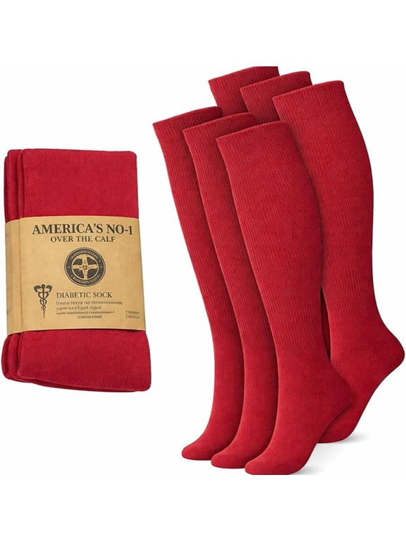 Diabetic Over the Calf, Non-binding Premium Cushion Cotton Knee High Comfortable Socks for Women (Red - 6 Pairs, Shoe Size 9-11)