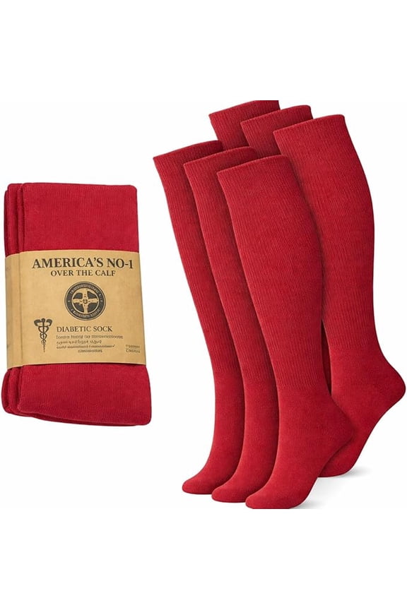 Diabetic Over the Calf, Non-binding Premium Cushion Cotton Knee High Comfortable Socks for Women (Red - 6 Pairs, Shoe Size 9-11)